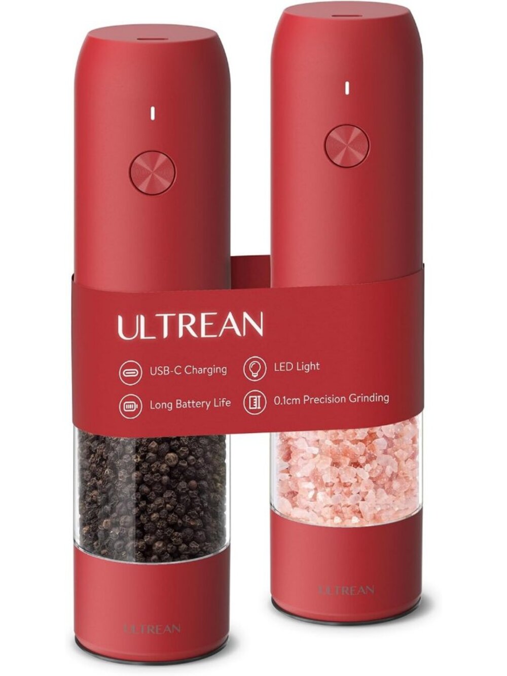 Rechargeable Electric Salt & Pepper Grinder Set - Stylish Red, Adjustable
